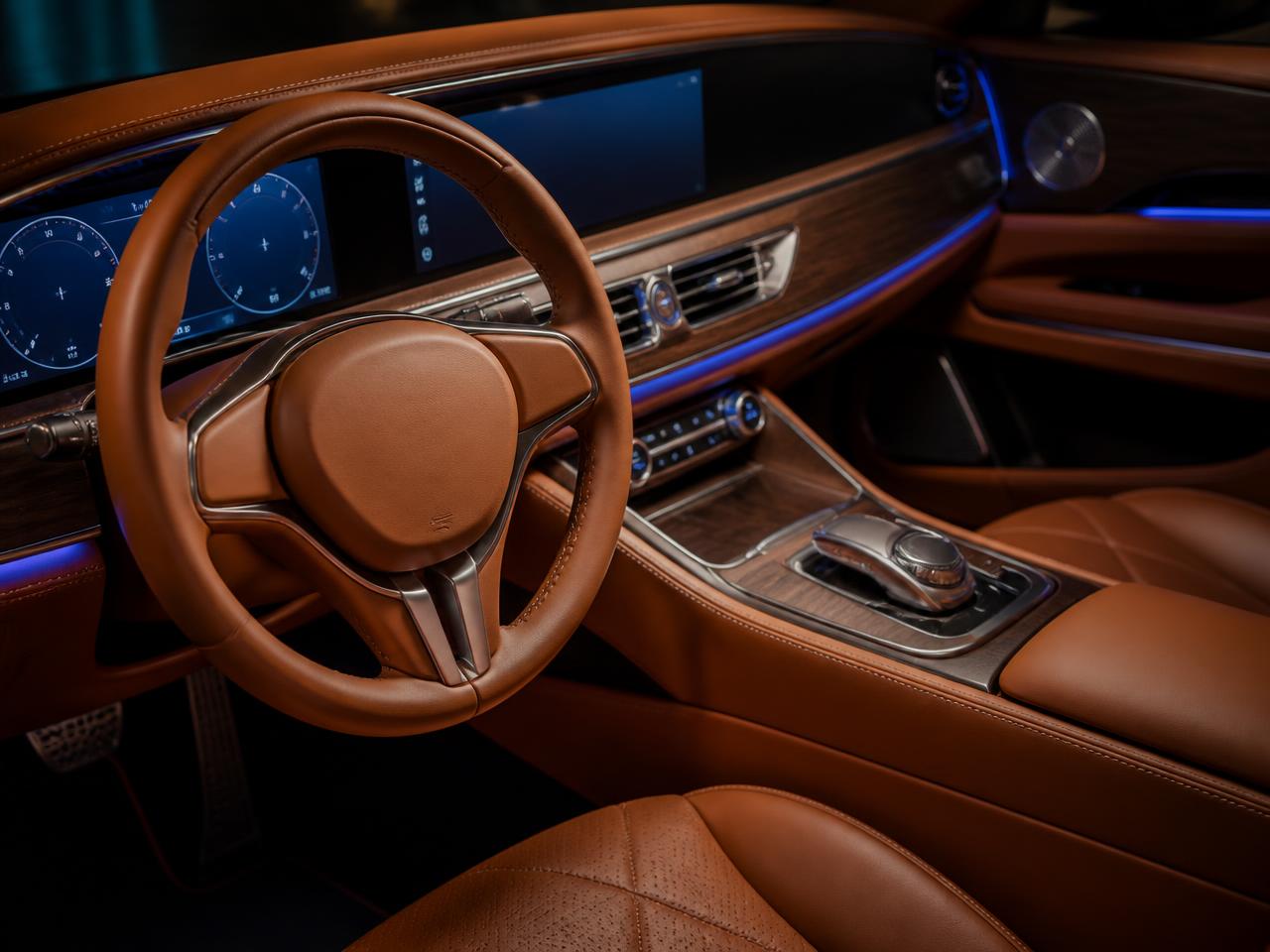 Hand-finished Veer interior in tan leather with walnut veneer and sapphire ambient light